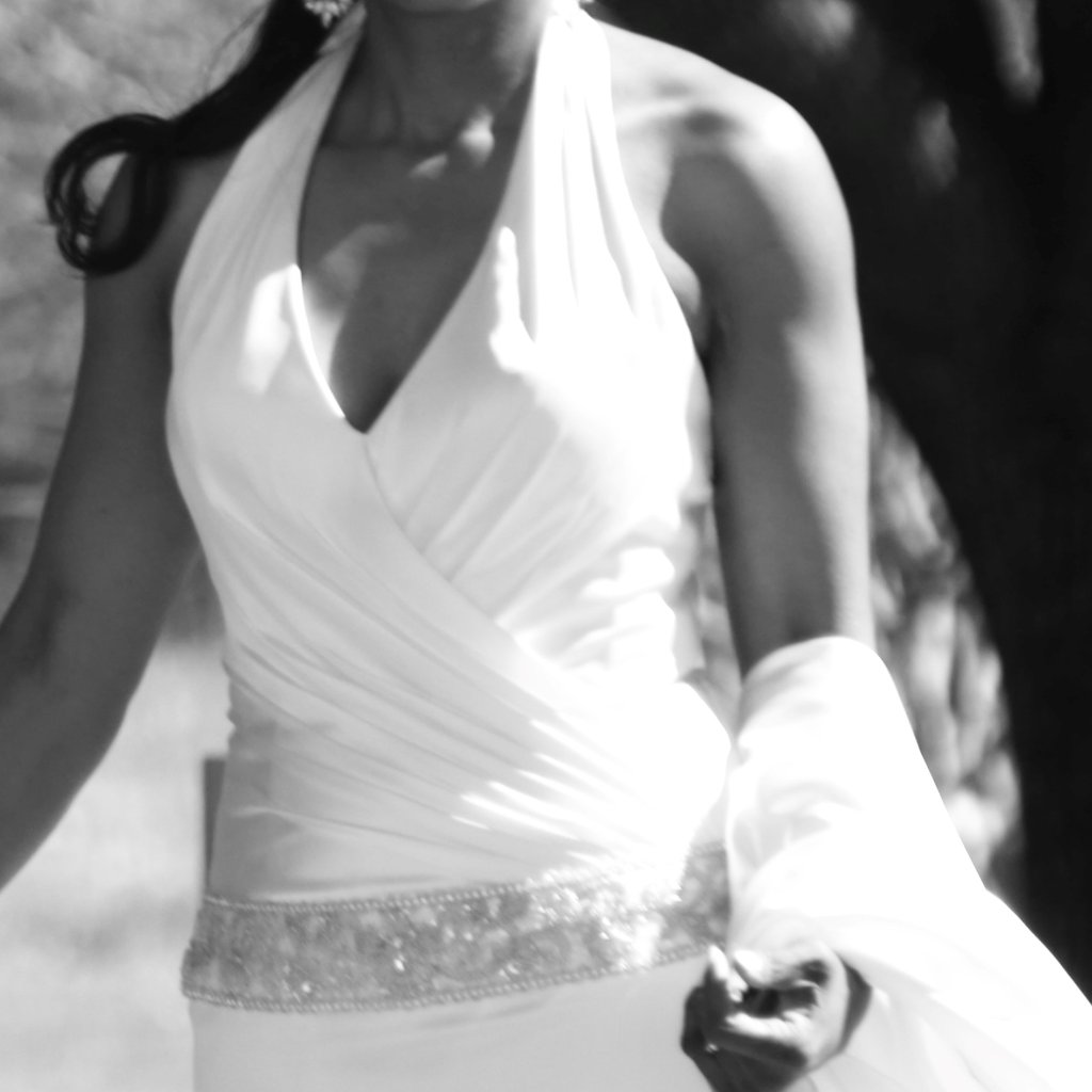David's Bridal Galina Signature White Halter Wedding Dress With Beaded Waist